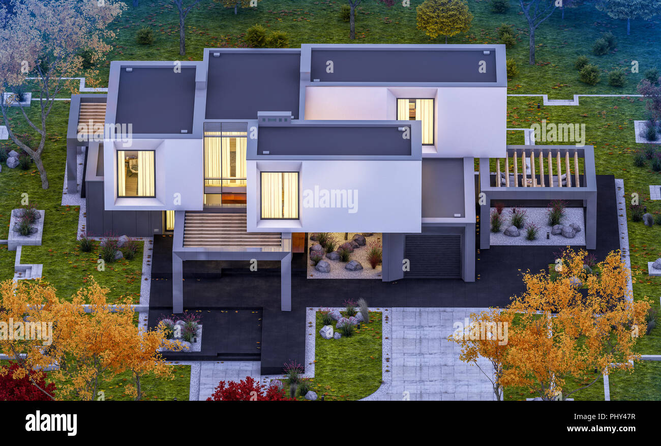 3d Rendering Of Modern Cozy House In The Garden With Garage For