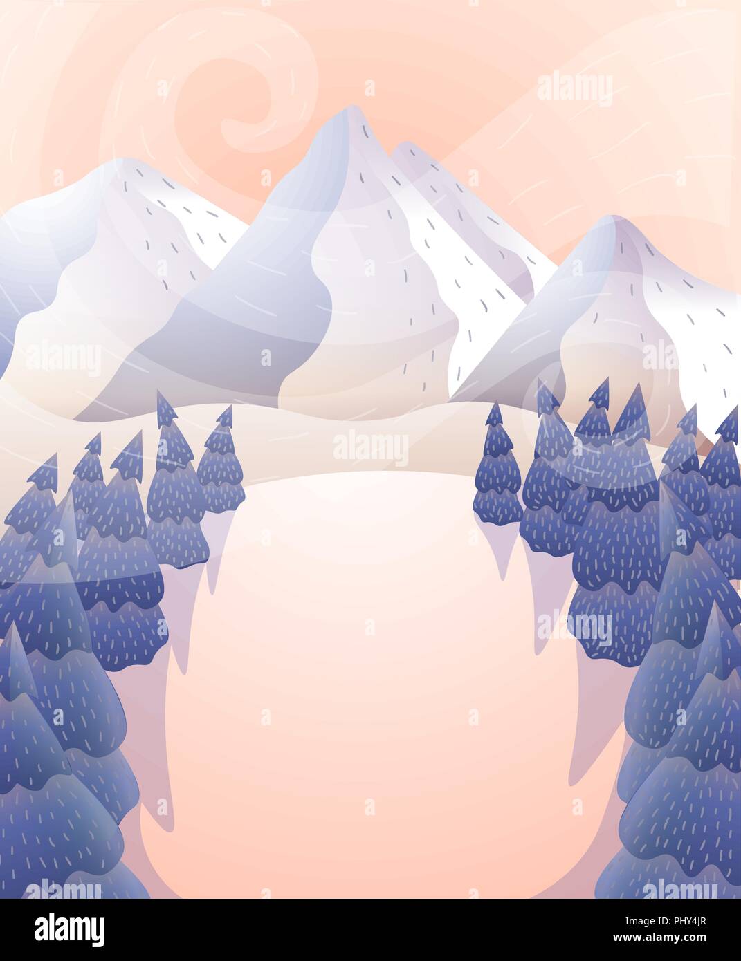 Winter landscape. Mountains and forest at sunset Stock Vector