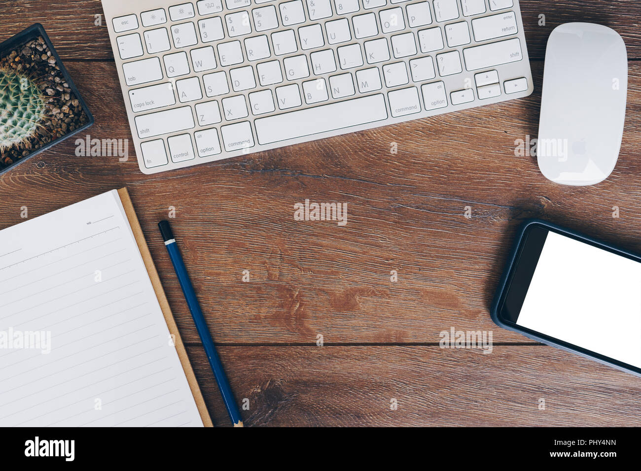 High angle view of a setting table computer, phone, tablet of business workplace. Stock Photo