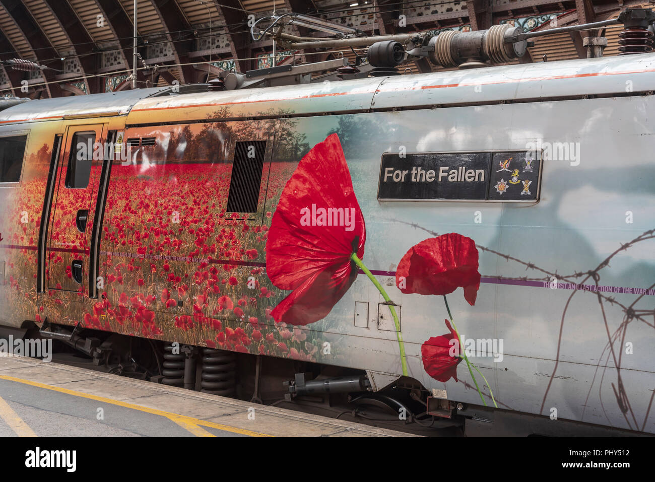 York.  Railway station. Heroes decorated LNER locomotive. East Coast Main Line. Named, For the Fallen. Stock Photo