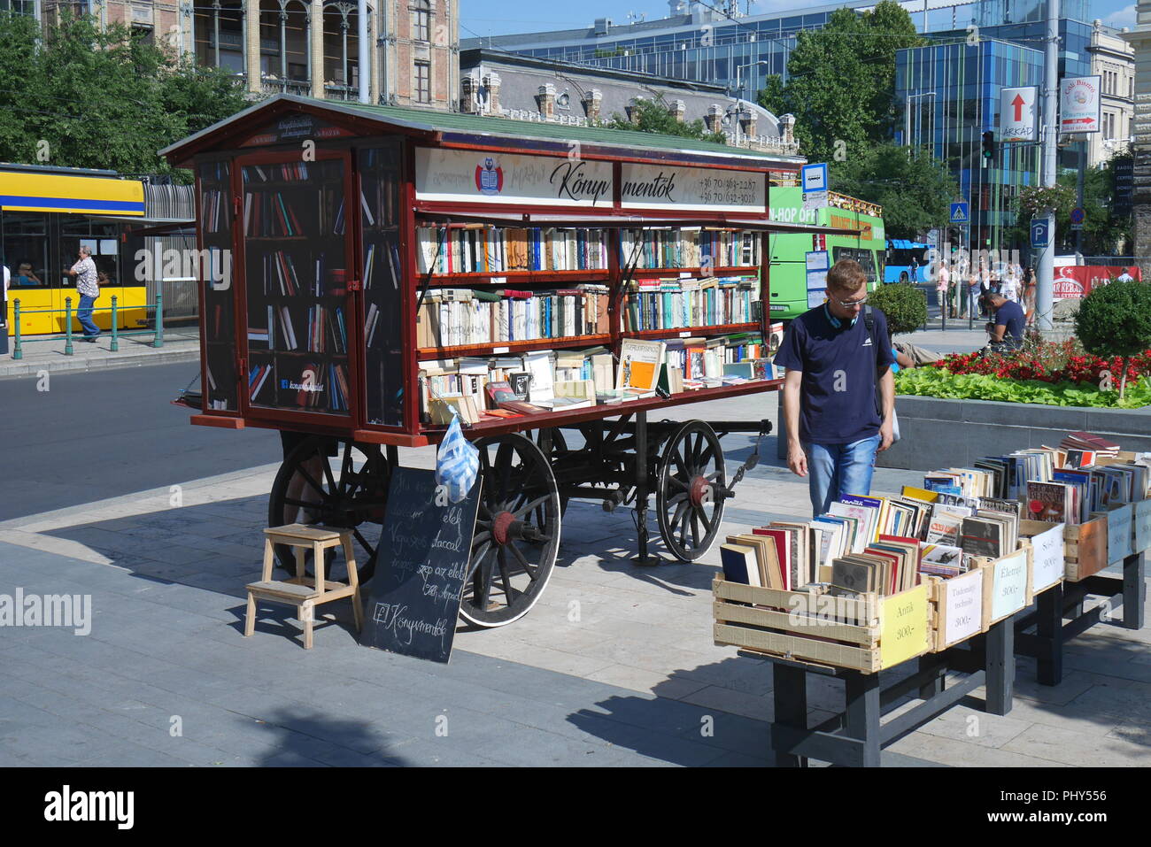 Mobile bookshop selling second-hand books on the street, Budapest, Hungary Stock Photo