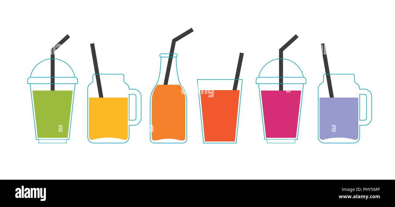 Collection of different colorful smoothies, fruit shakes in a bottles, glass, mason jars Stock Vector