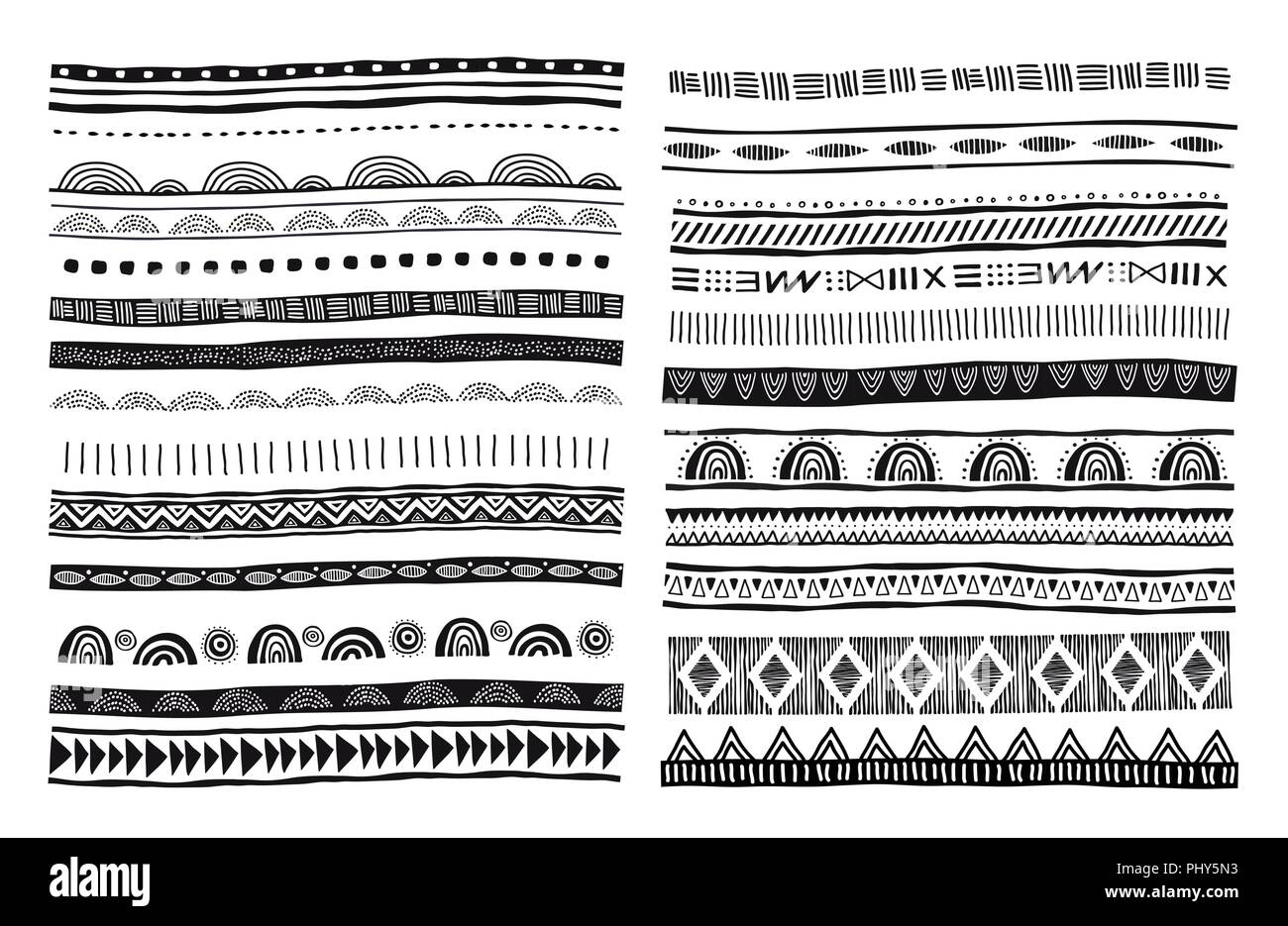 African, tribal, ethnic vector pattern brushes. Vector design elements, tribal geometric ornament, frames, borders. All used brushes included in brush Stock Vector