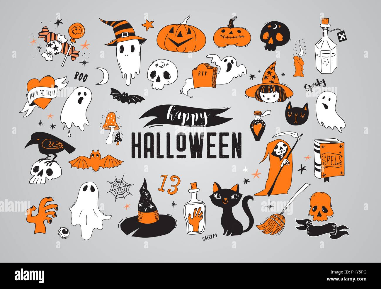 Happy Halloween hand drawn stickers, icons, elements Stock Vector Image & Art - Alamy