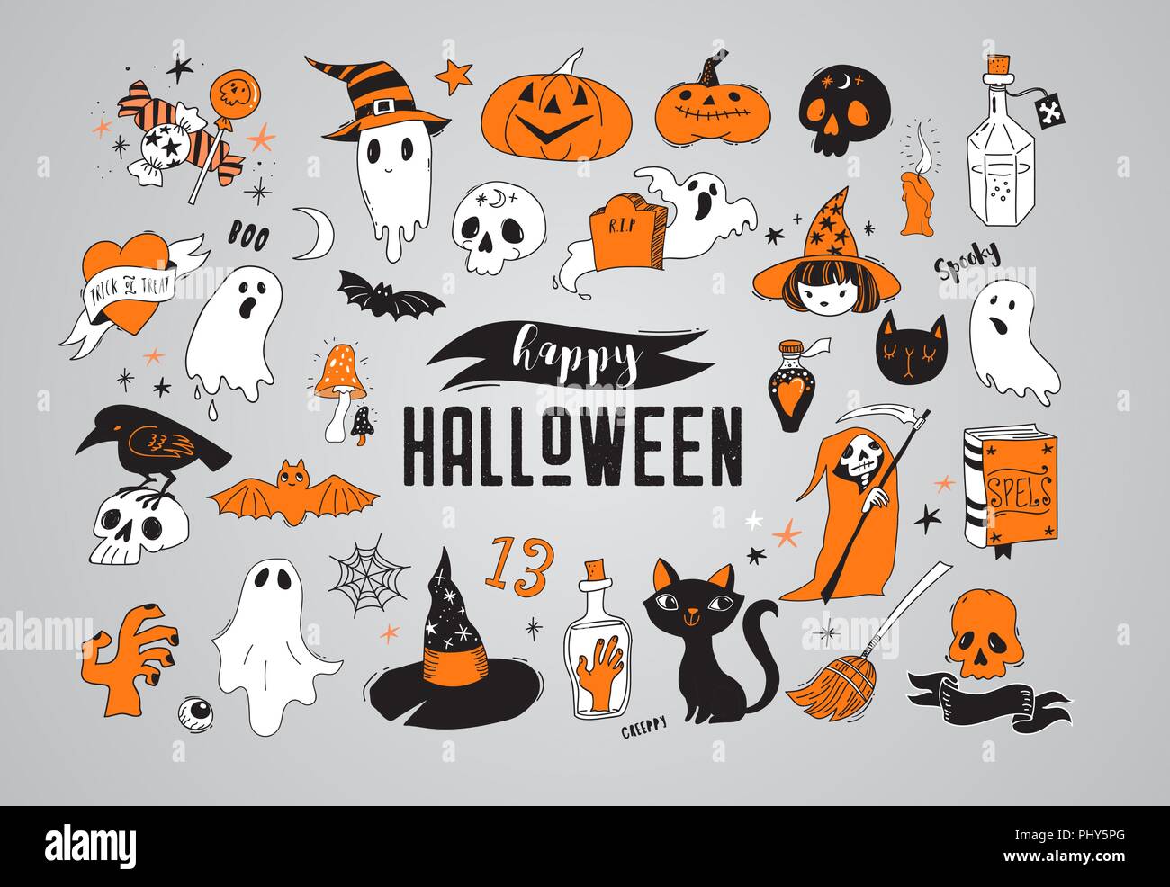 Happy Halloween hand drawn stickers, icons, elements Stock Vector