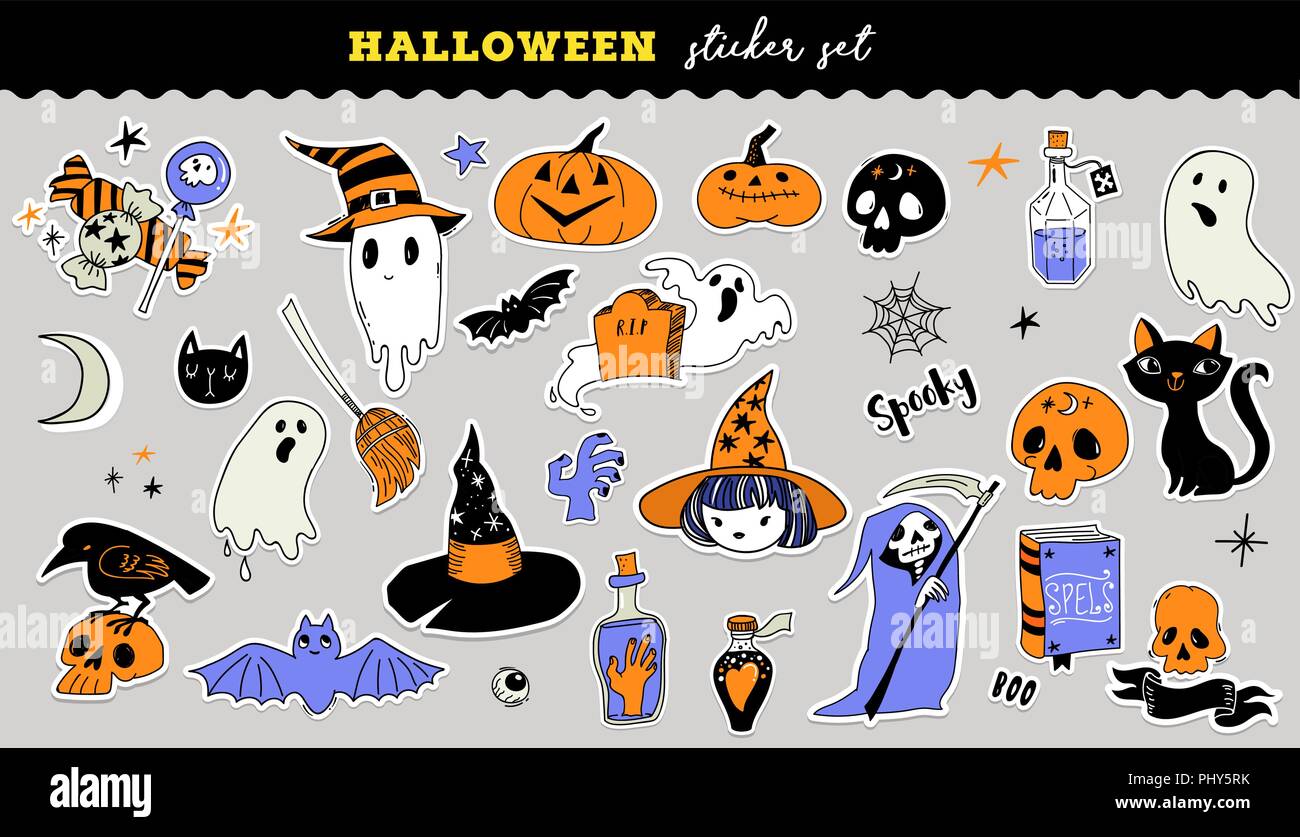 Halloween cute stickers collection. Hand drawn vector illustration Stock Vector