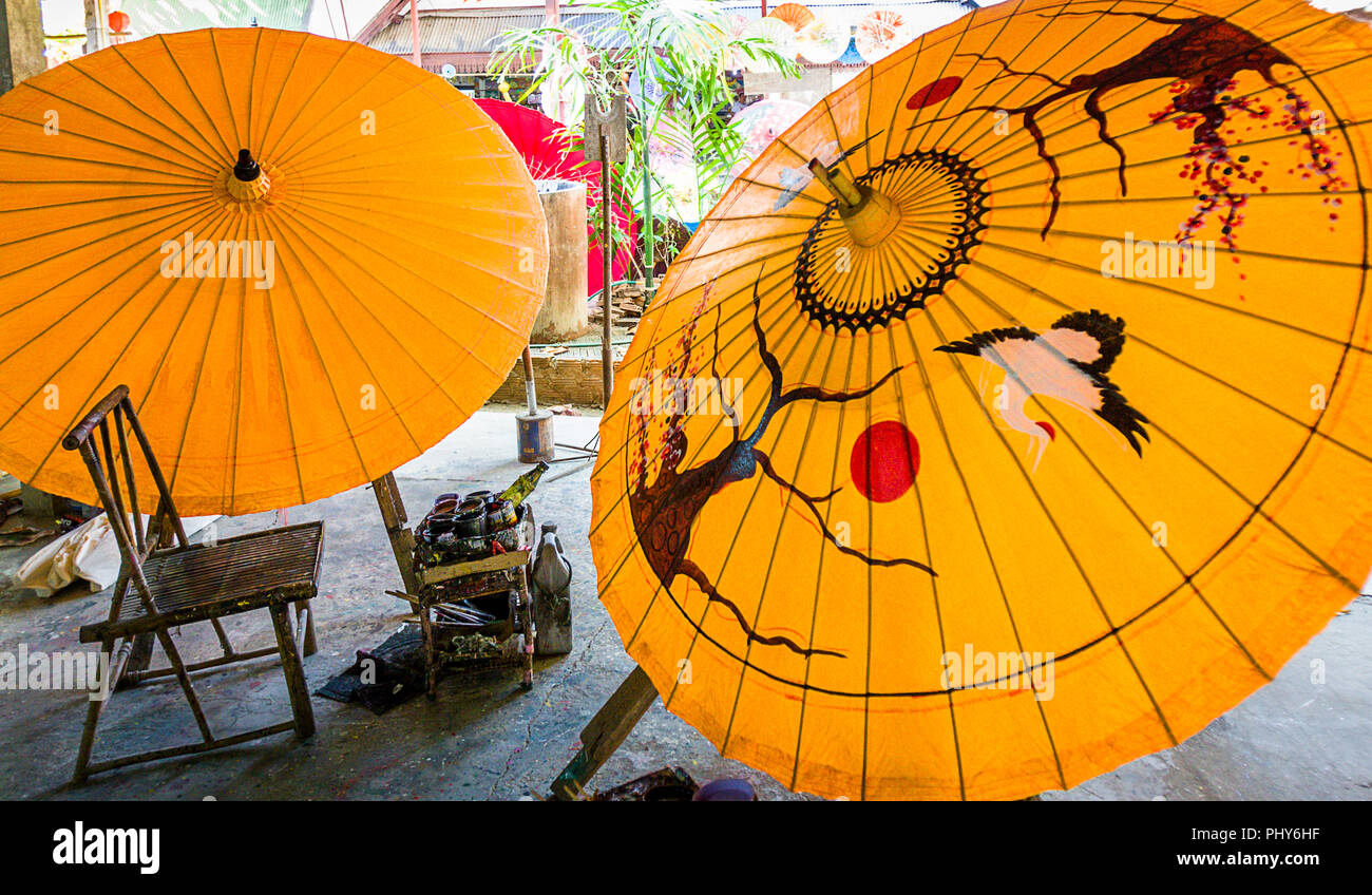 Chiang Mai Umbrella hand made art and manufacturer. Stock Photo