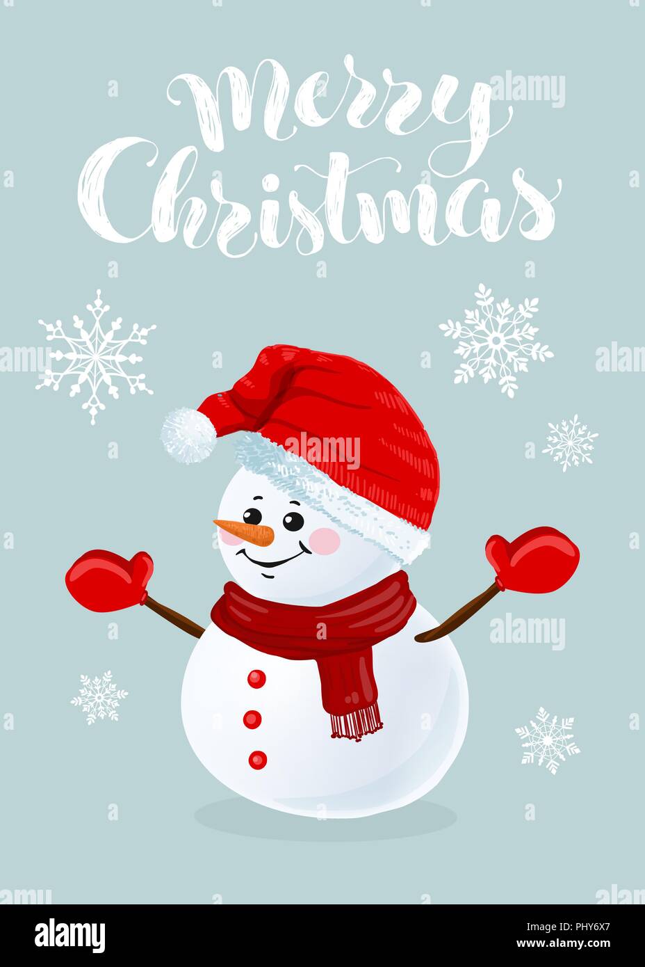 Funny snowman in hat, scarf and mittens on snowy background. Merry ...