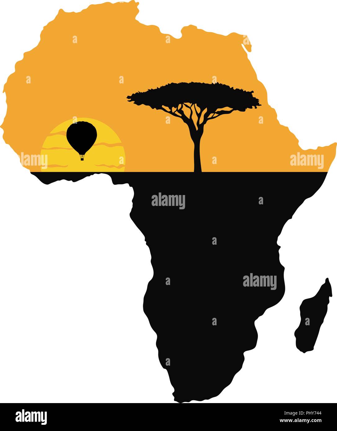 A balloon against the setting sun and a map of Africa Stock Vector