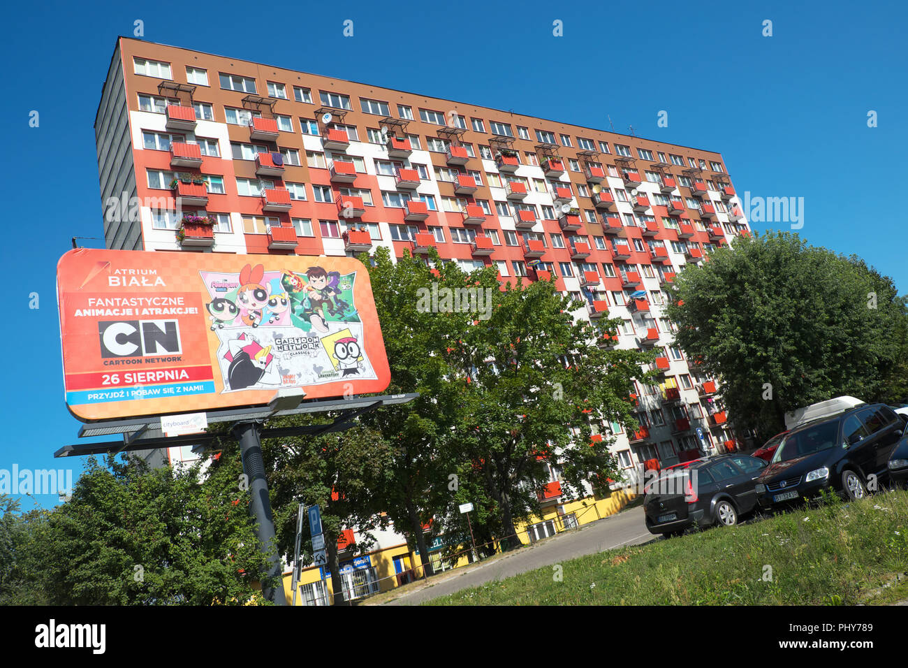 Bialystok Poland modern high rise block of residential flats with billboard advertising Stock Photo