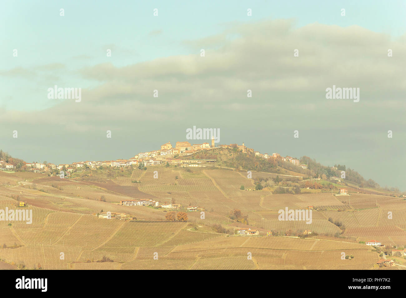 Scenic view of the freshly harvested grape fields in autumn in Barolo valley Stock Photo