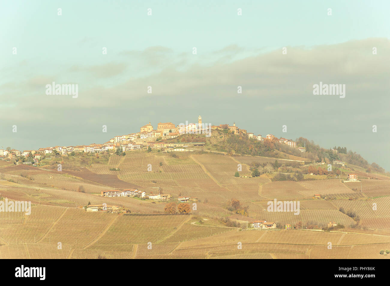Scenic view of the freshly harvested grape fields in autumn in Barolo valley Stock Photo