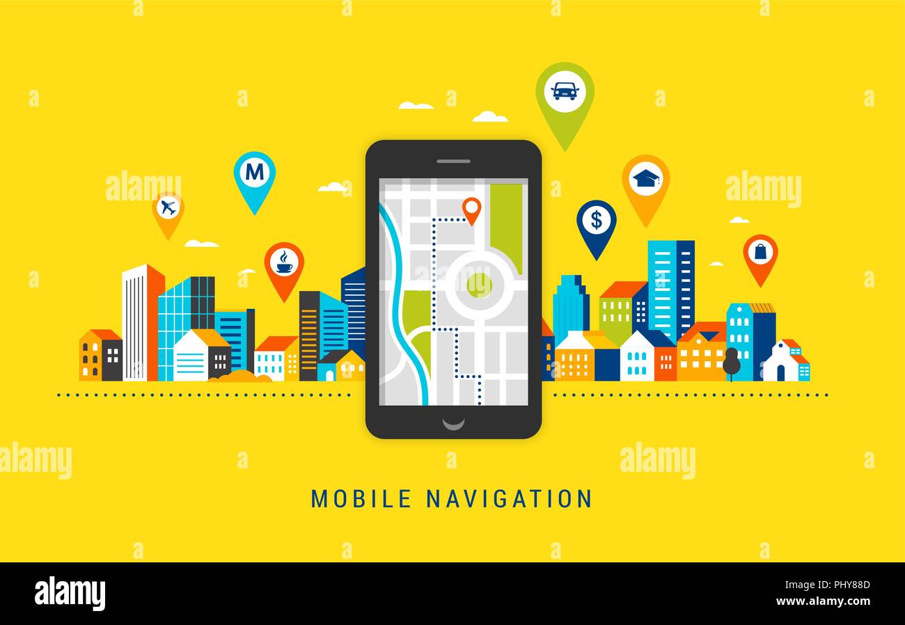Mobile navigation app concept. Route map with symbols showing location with a urban, city landsape on background Stock Vector