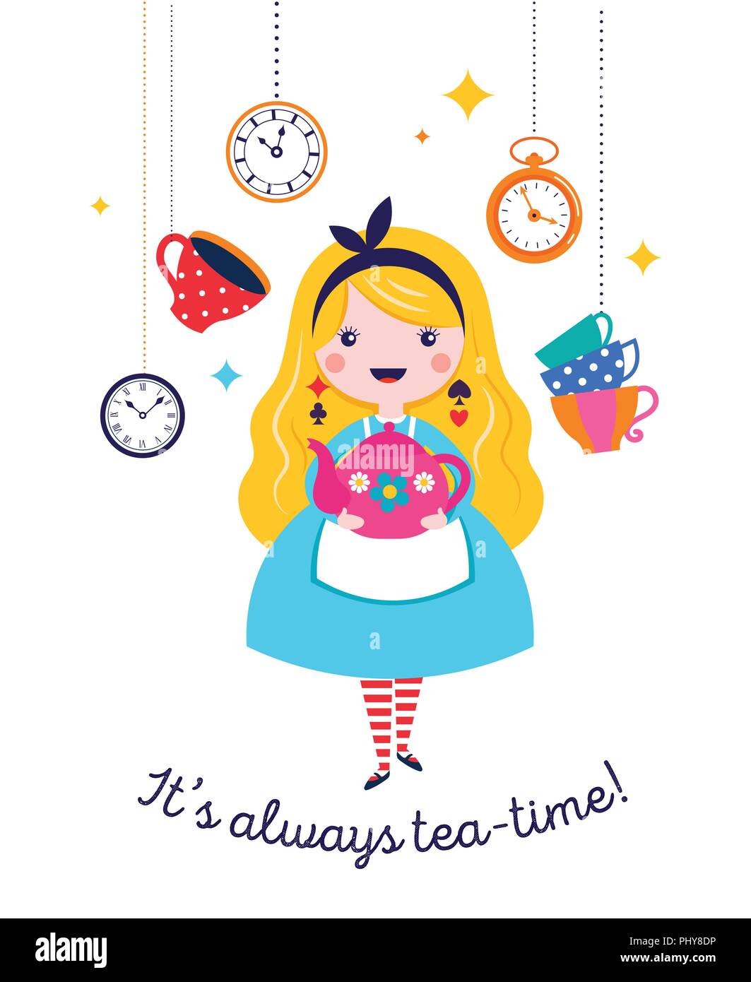 Alice in Wonderland banner, poster and card. We are mad here. Colorful vector background Stock Vector