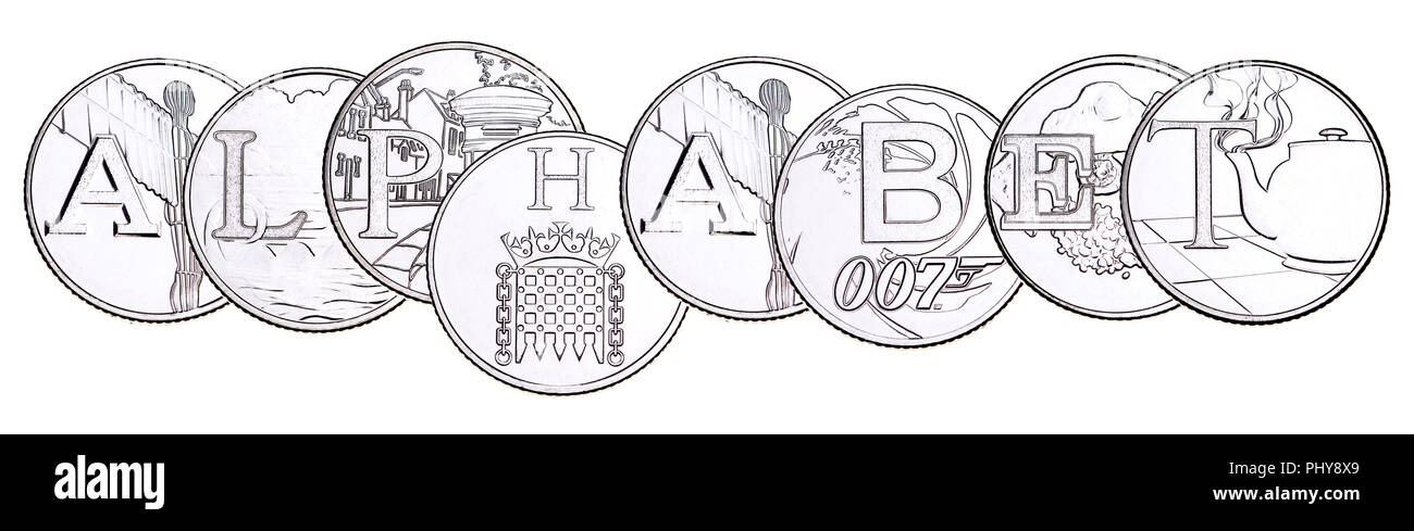 British 10p coin (reverse) from 2018 'Alphabet' series, celebrating Britishness. 'Alphabet' Stock Photo