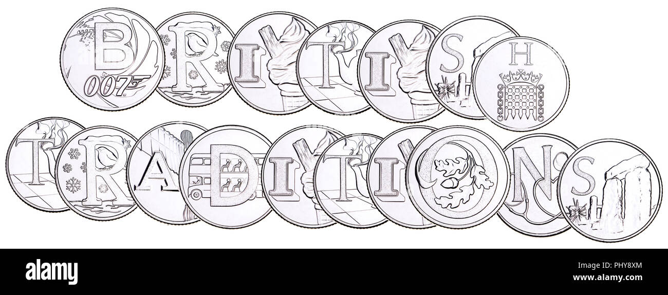 British 10p coin (reverse) from 2018 'Alphabet' series, celebrating Britishness. 'British Traditions' Stock Photo