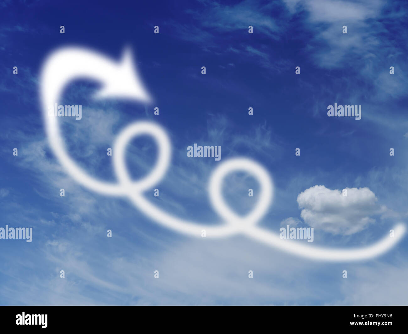 Loops and loopholes in the sky, with clouds and arrow. Escape, fly away concept. Stock Photo
