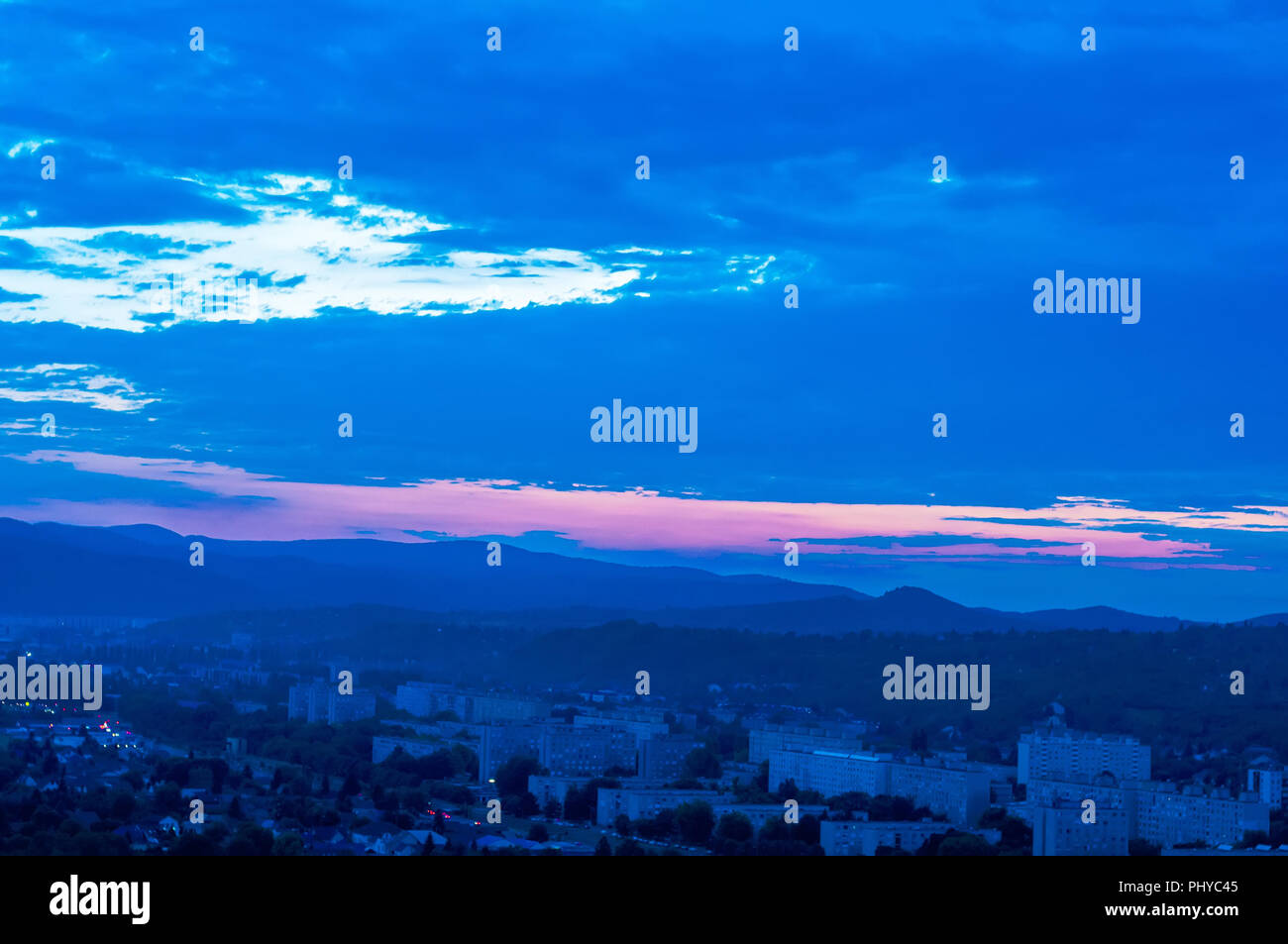 Colorful landscape view over Miskolc, Hungary, Europe at night. Stock Photo