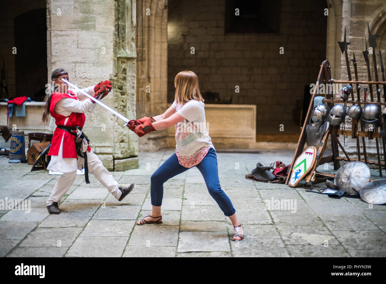 Swordplay in the castle, Tarascon, Provence, France, Europe Stock Photo