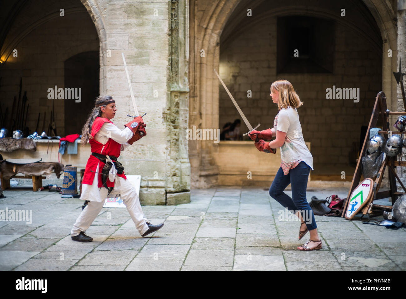 Swordplay in the castle, Tarascon, Provence, France, Europe Stock Photo