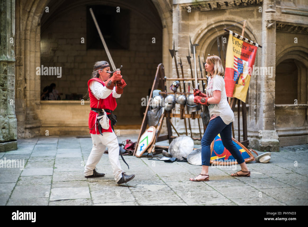 Swordplay in the castle, Tarascon, Provence, France, Europe. Stock Photo