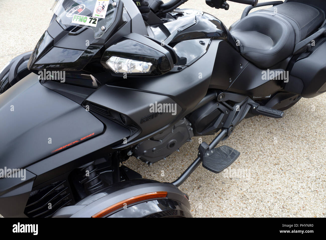 Closeup of a CanAm’s Spyder F3 Limited, a Delta trikes motorcycle with two front wheels and one