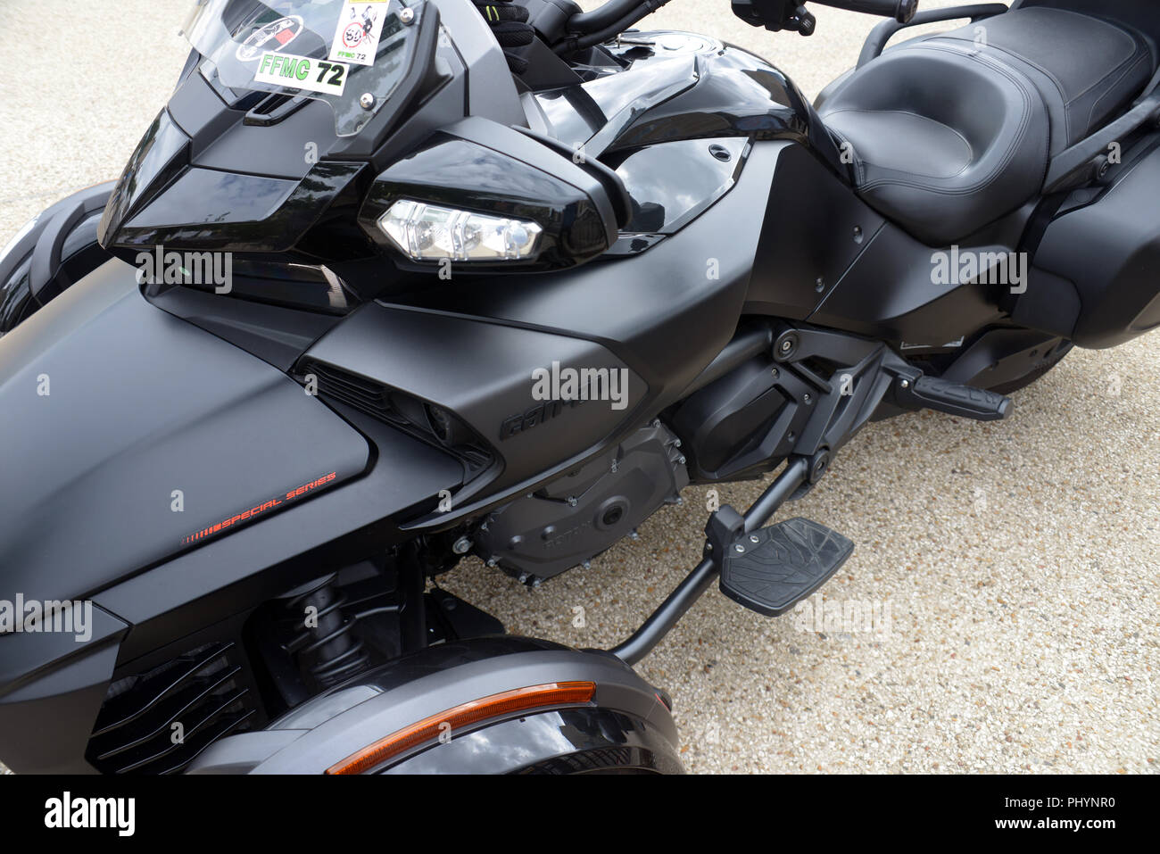 Closeup of a Can-Am's Spyder F3 Limited, a Delta trikes motorcycle with two  front wheels and one drive wheel on the back Stock Photo - Alamy