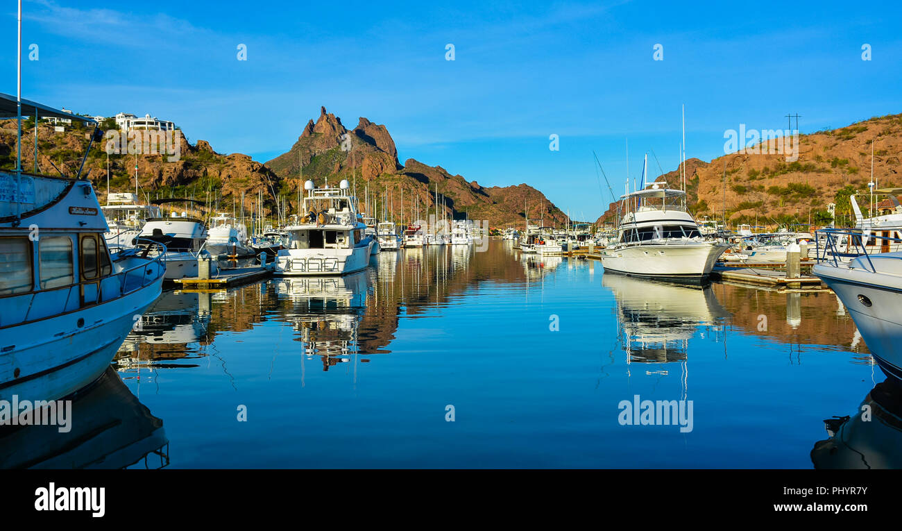 San Carlos, Mexico - Oct. 30, 2016: Marina of San Carlos, Mexico, with iconic landmark Mount Tetakawi in the background. Stock Photo