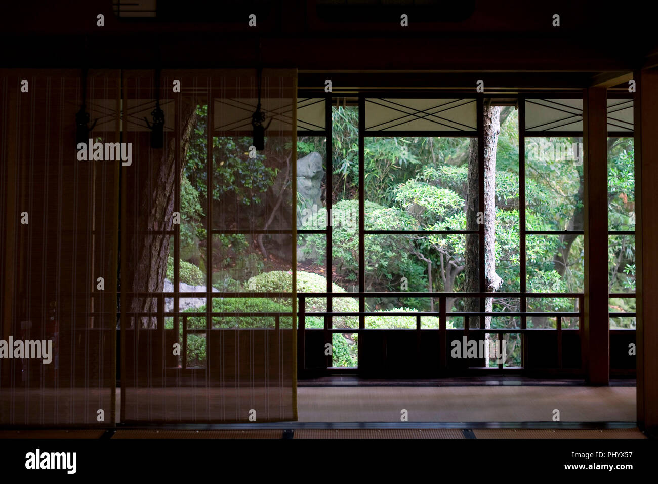 Photo shows  the Kakubuen garden as viewed from the 2nd floor  of the main building of the Honma Museum of Art in Sakata, Yamagata Prefecture, Japan,  Stock Photo