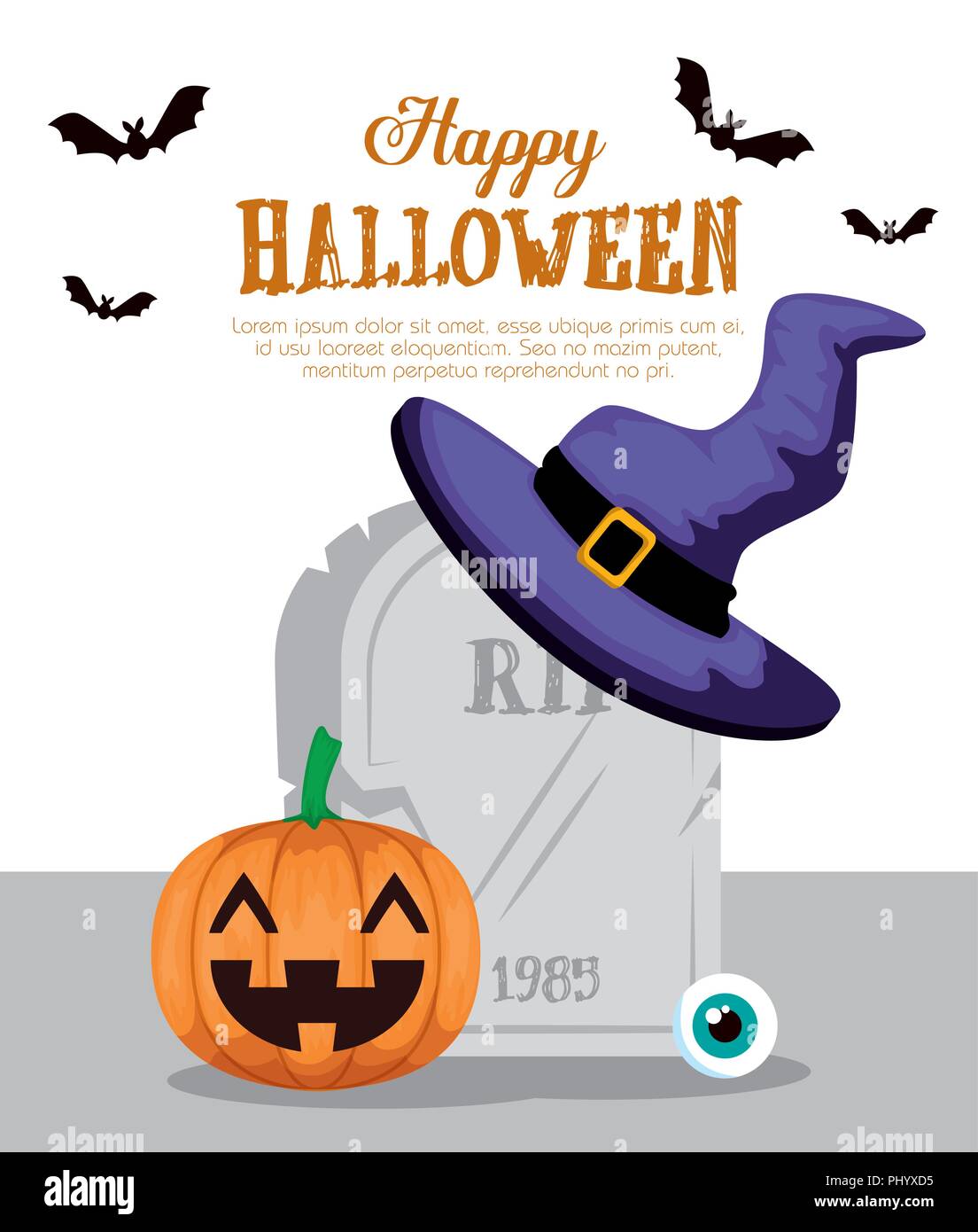 happy halloween card with pumpkinand witch hat vector illustration ...
