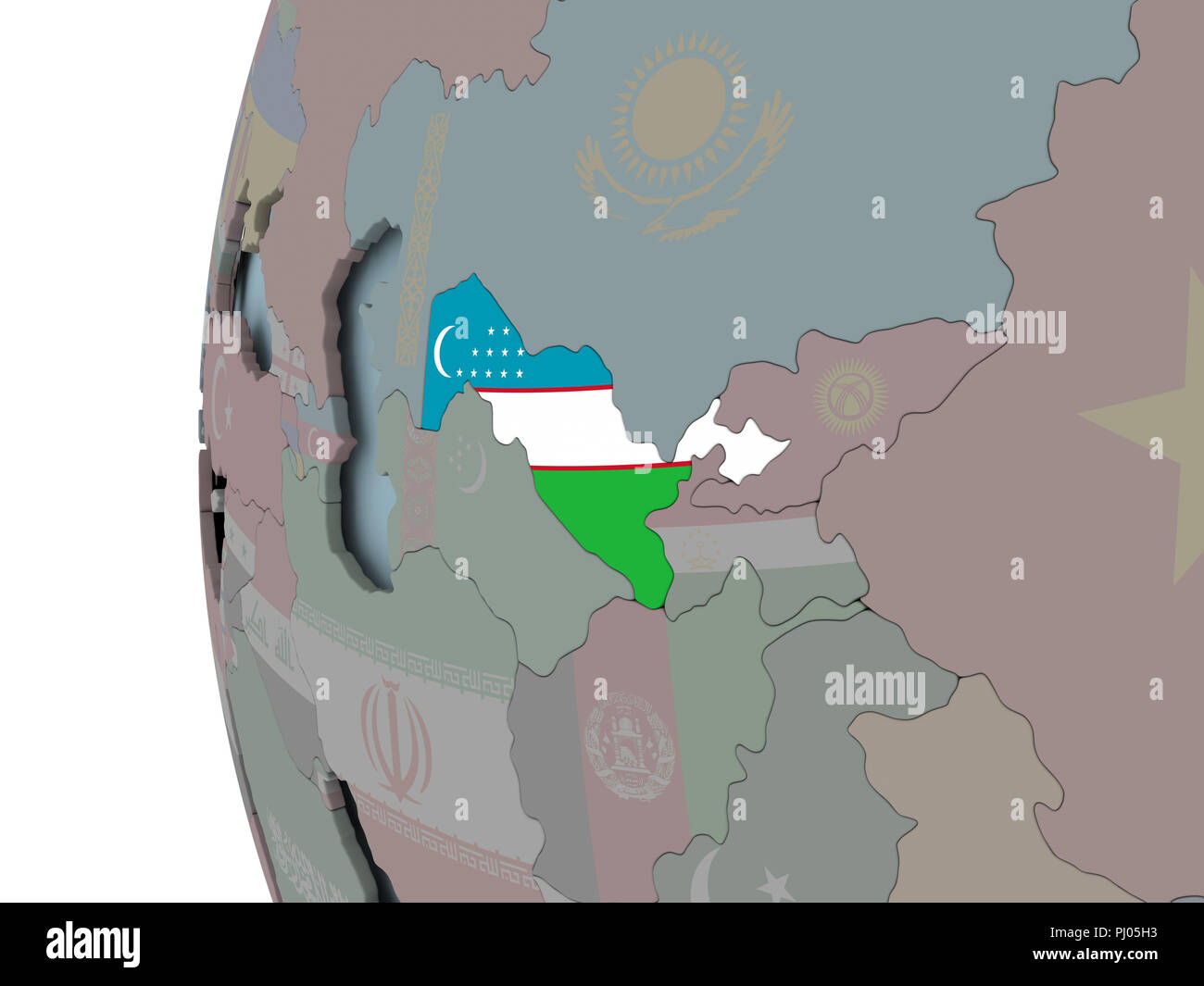 Uzbekistan with embedded flag on political globe. 3D illustration Stock ...