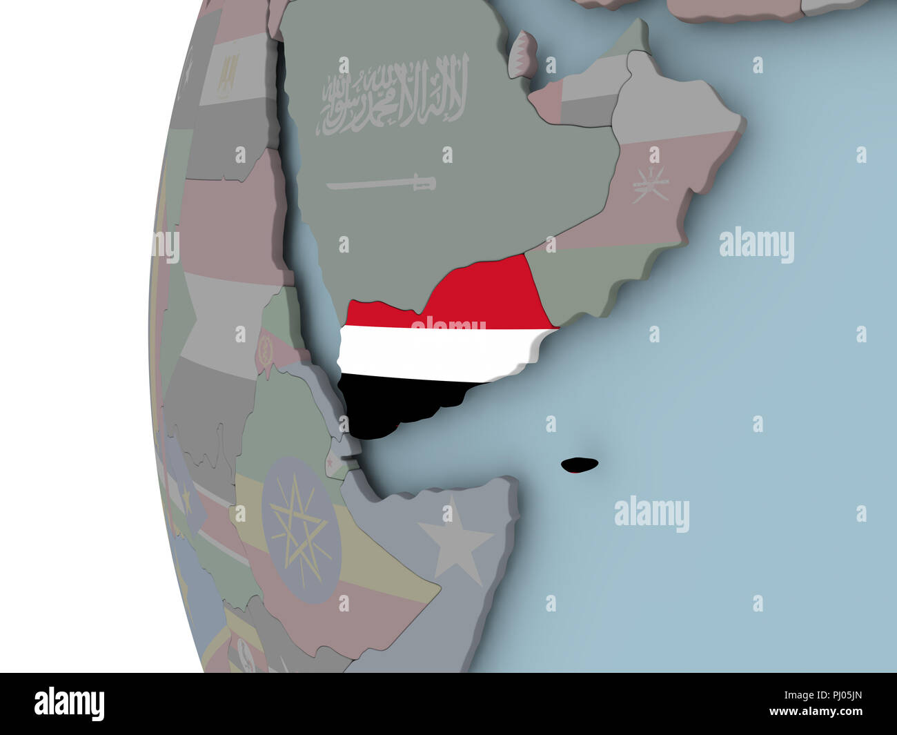 Yemen with embedded flag on political globe. 3D illustration Stock ...