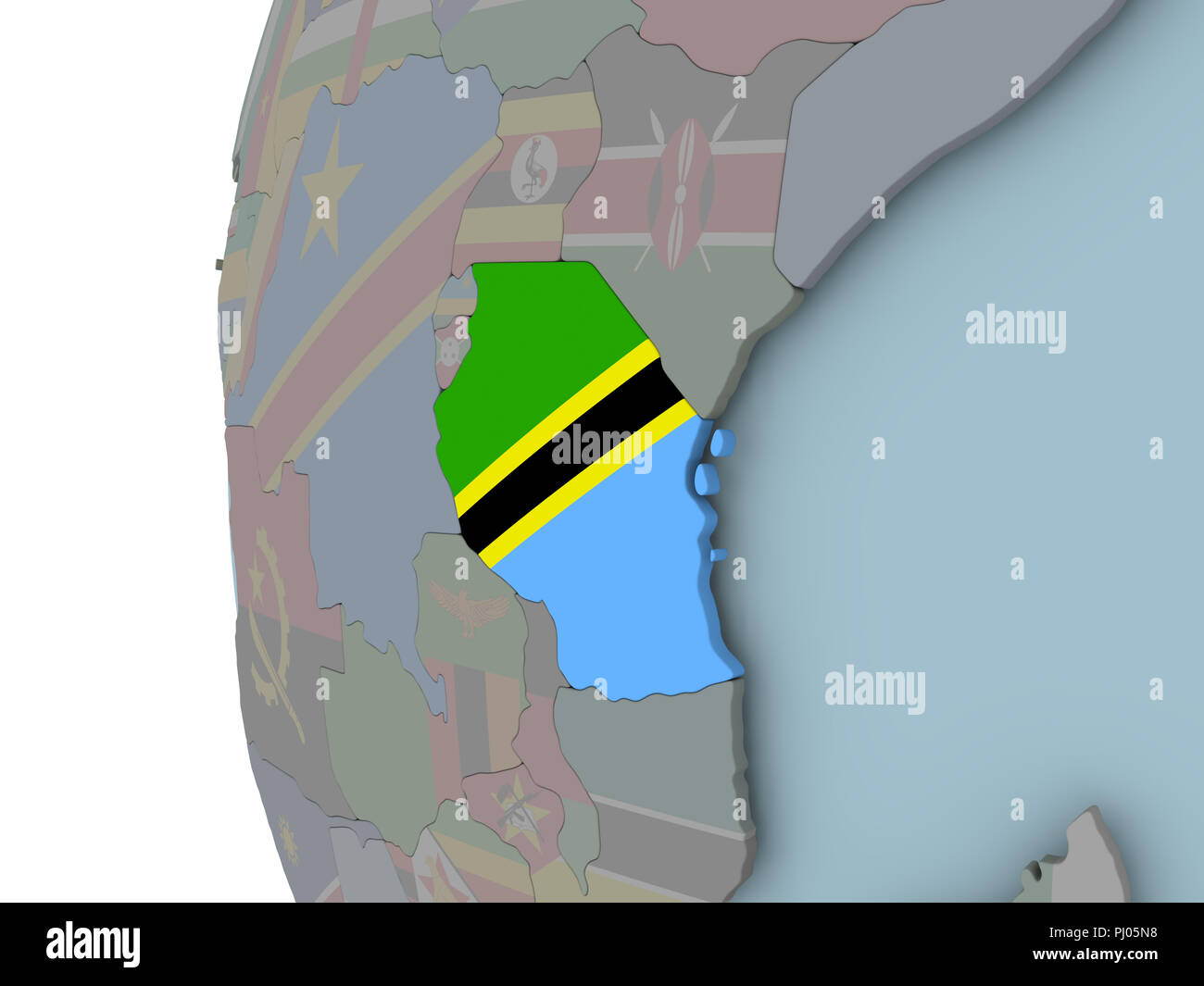 Tanzania with embedded flag on political globe. 3D illustration Stock ...