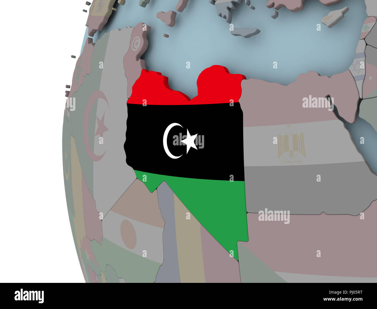 Libya with embedded flag on political globe. 3D illustration Stock ...