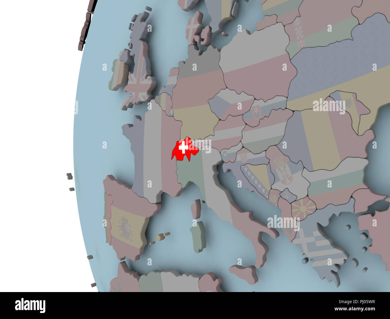 Switzerland with embedded flag on political globe. 3D illustration ...