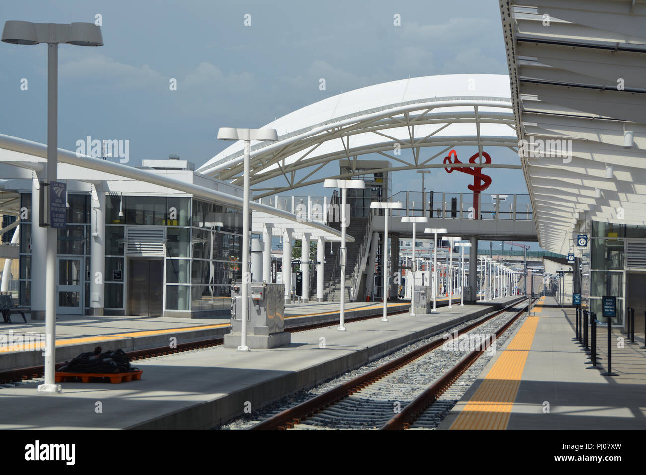 Train tracks leading into the Denver transportation hub in lower downtown Denver.  Exclusive image. Stock Photo