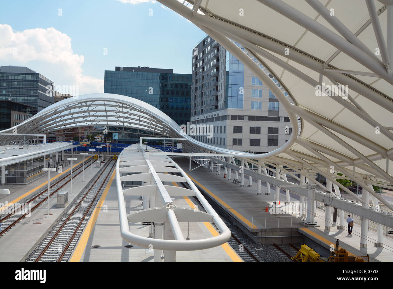 A unique view of theh Denver skyline from the transportion hub at Union 