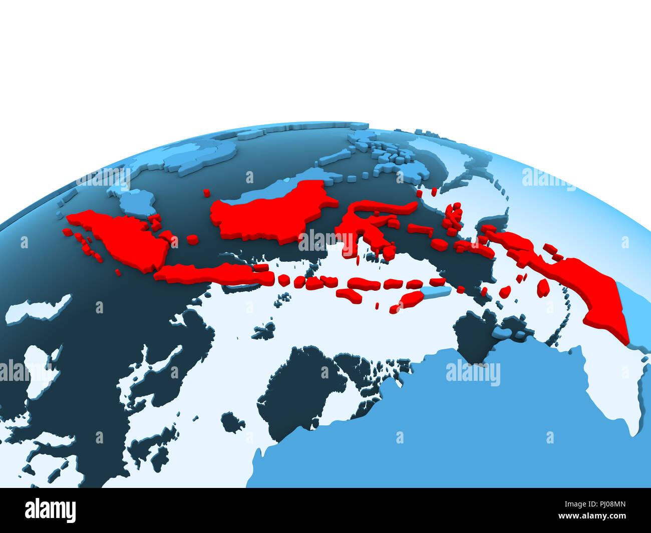 Map of Indonesia in red on blue political globe with transparent oceans. 3D illustration. Stock Photo