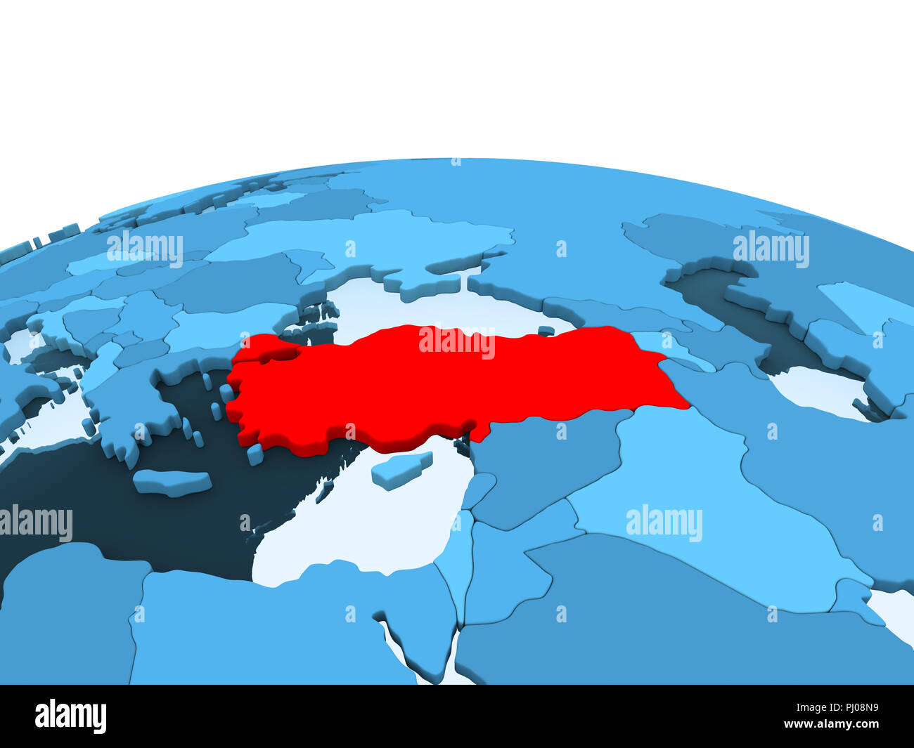 Map of Turkey in red on blue political globe with transparent oceans. 3D illustration. Stock Photo