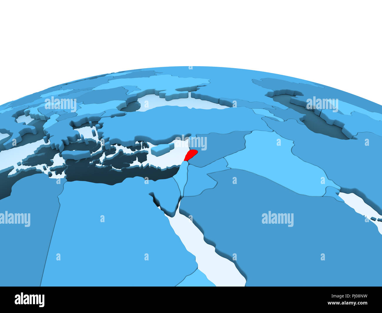 Map of Lebanon in red on blue political globe with transparent oceans ...