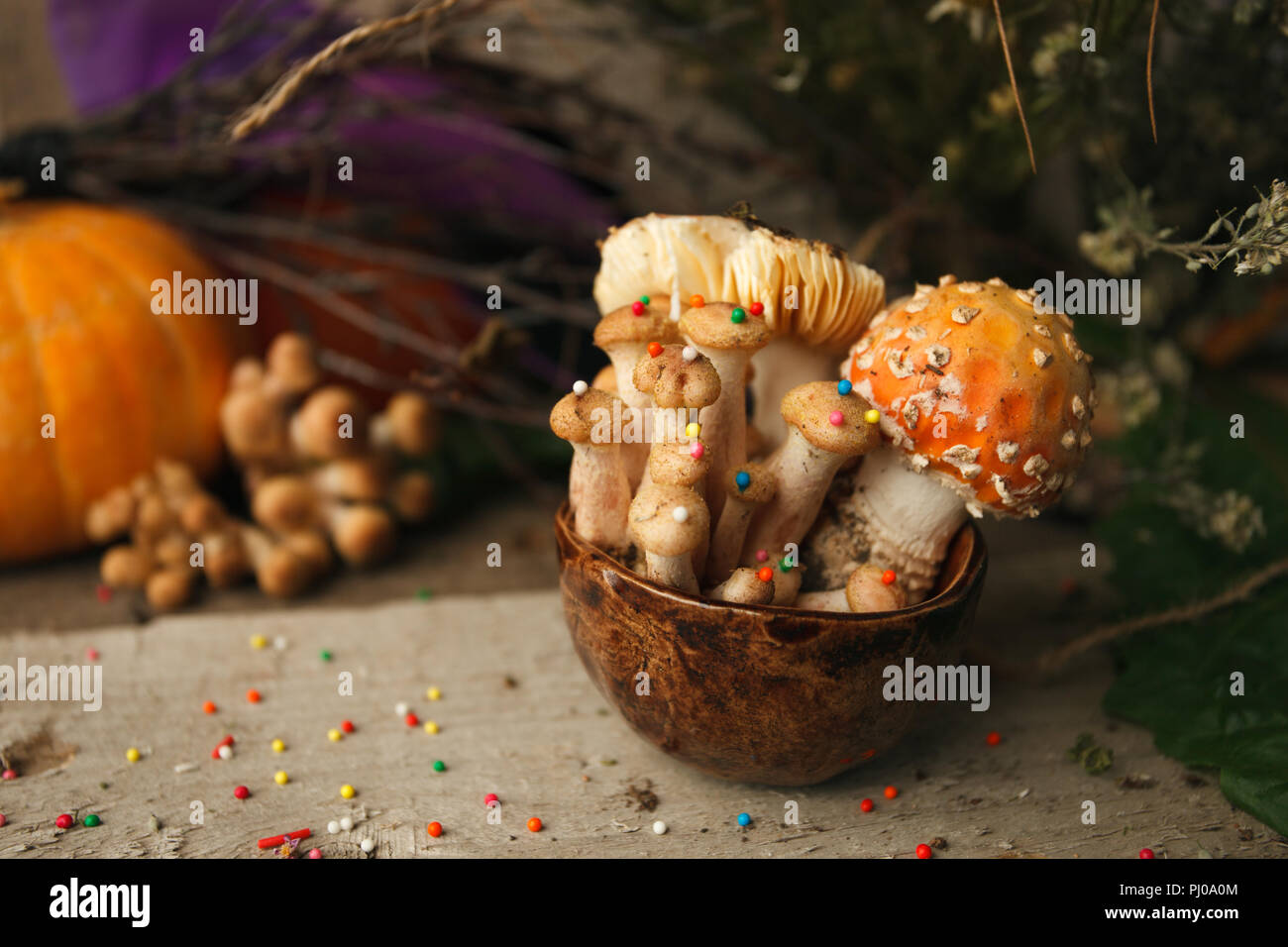 Woods, fairy tales & mysterious creature concept - poisonus mushrooms in the cup with confectionary decor on wooden table, magic, fantastic food Stock Photo