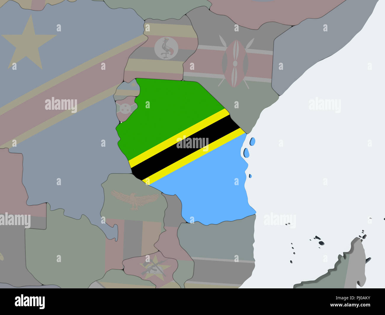 Tanzania on political globe with embedded flag. 3D illustration Stock ...