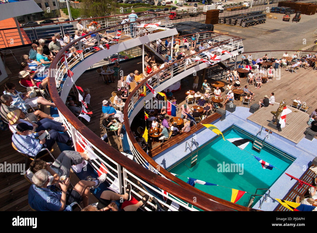 Portugal, Porto, Matosinhos, Leixoes Harbour, MV Marco Polo, passengers on  deck around swimmong pool in sunshine Stock Photo - Alamy