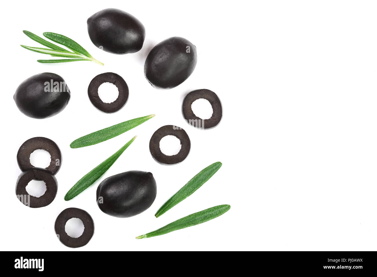 whole and sliced black olives with rosemary leaves isolated on white background. Top view. Flat lay pattern Stock Photo