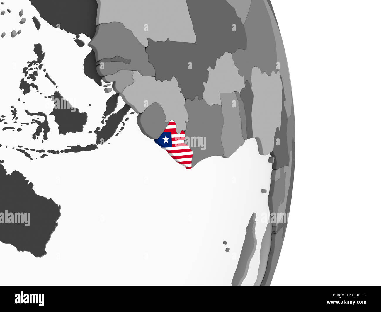 Liberia on gray political globe with embedded flag. 3D illustration ...