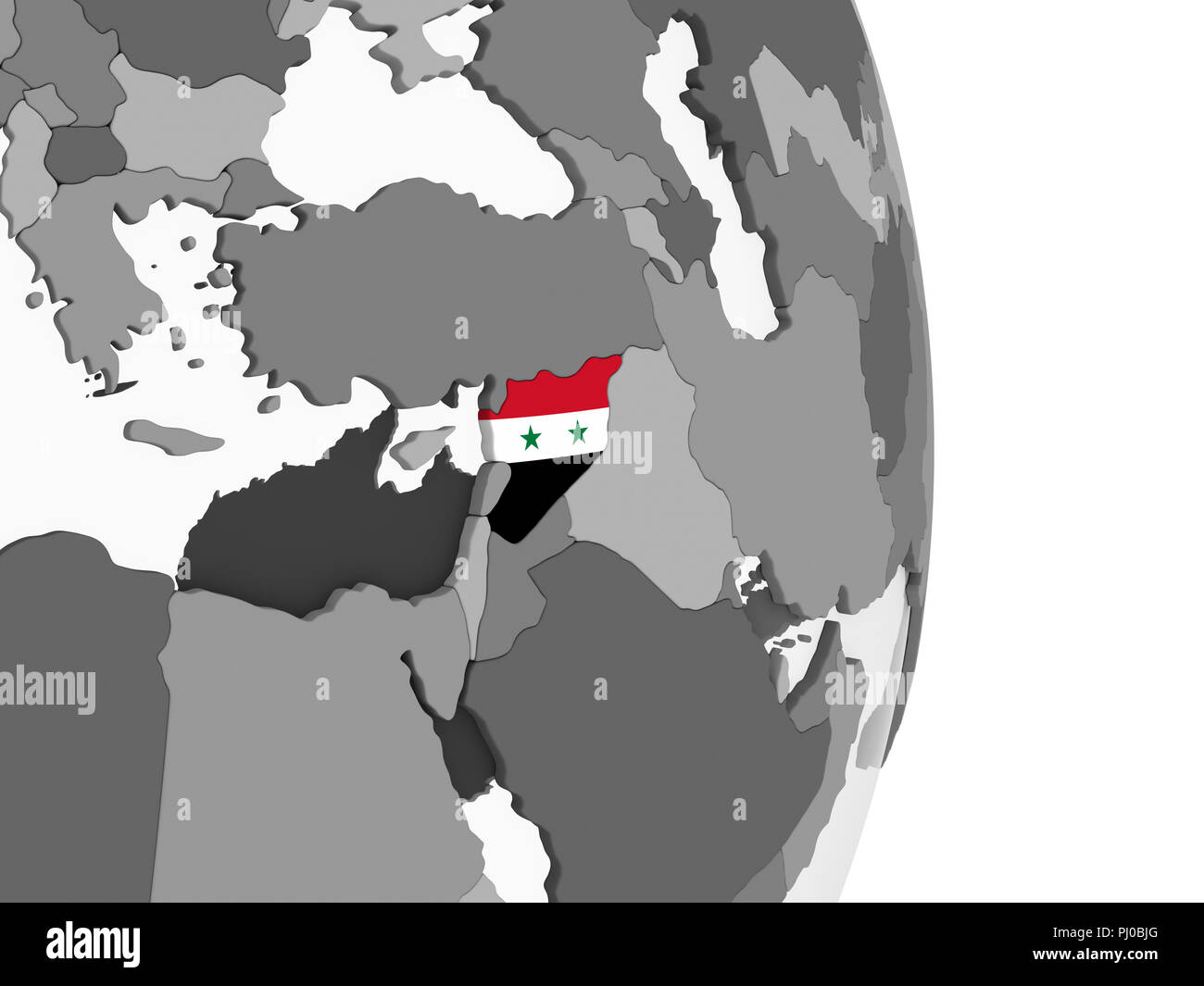Syria on gray political globe with embedded flag. 3D illustration Stock ...
