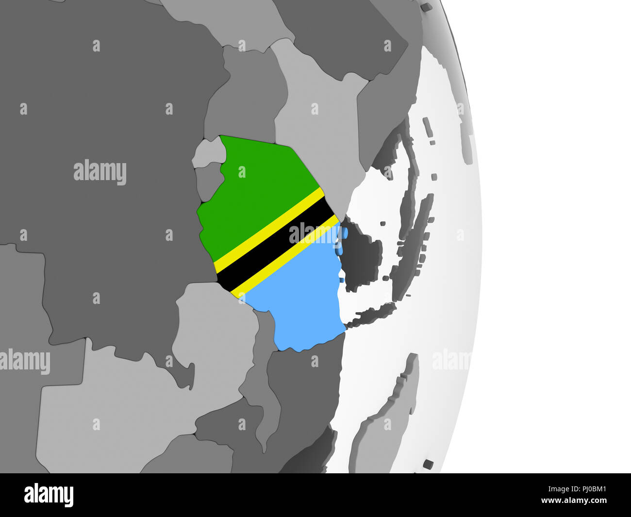 Tanzania on gray political globe with embedded flag. 3D illustration ...