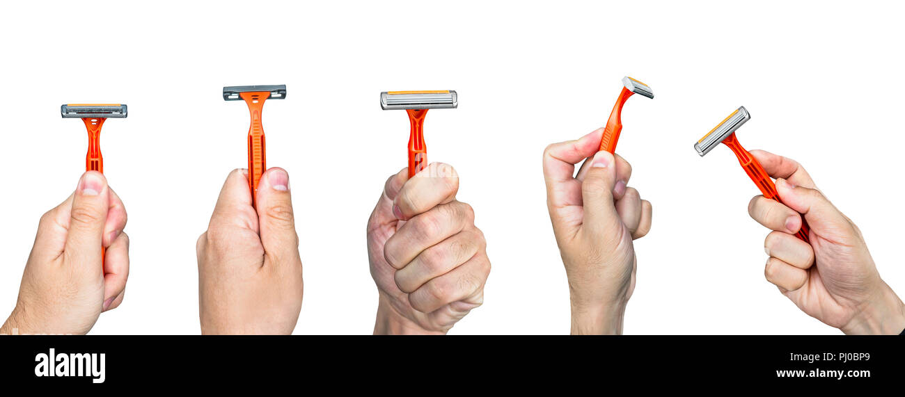 Hand with shaving orange razor isolated on a white background. bright orange razor. many various poses Stock Photo