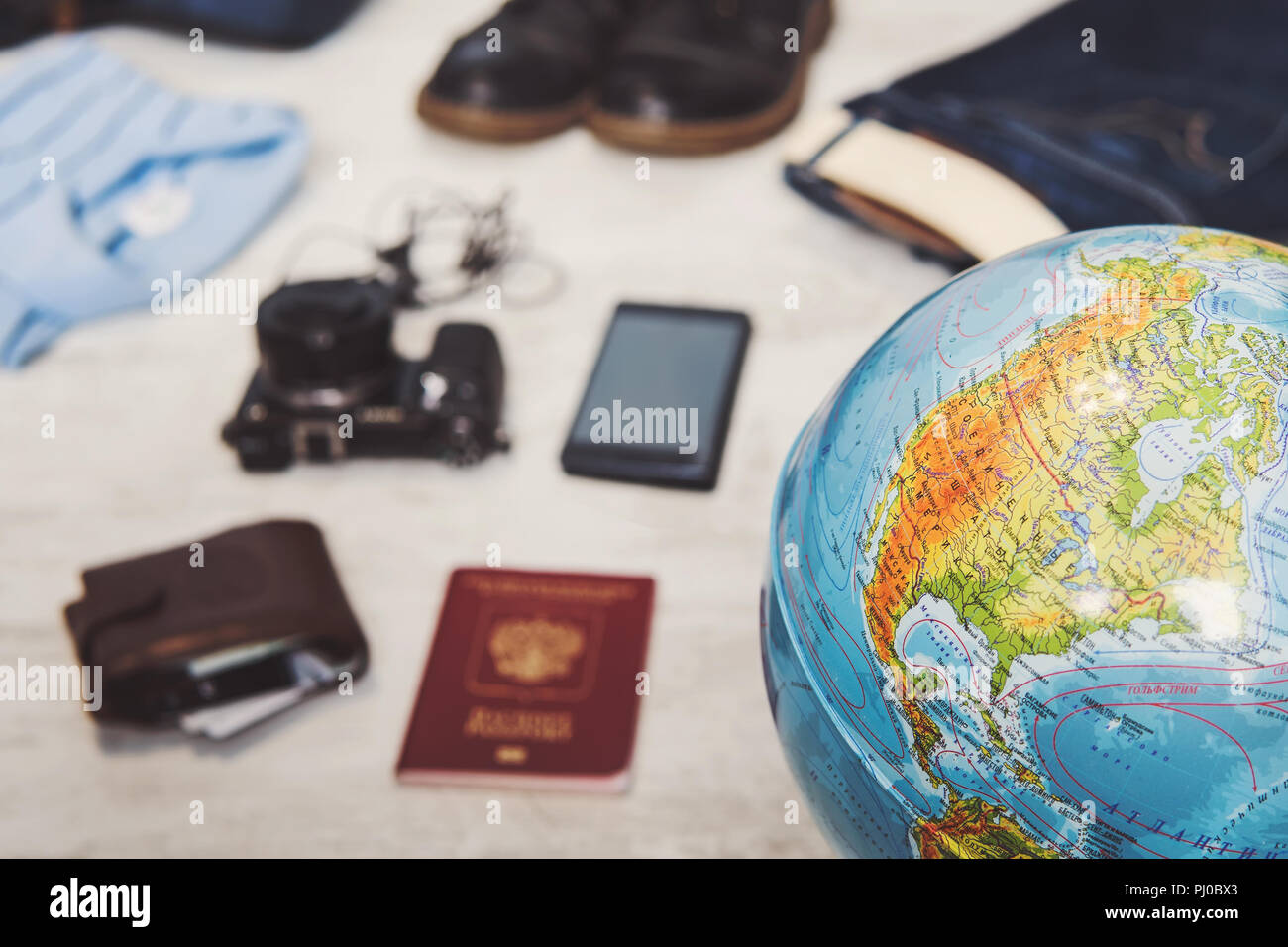 Accessories for travel. Different objects on white vintage background. Top view. Holidays and tourism concept Stock Photo