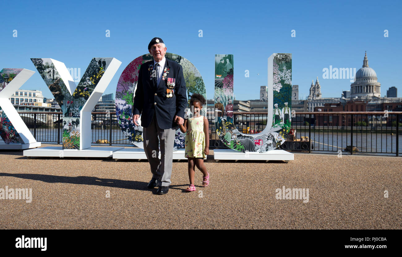 100 years ago the First World War ended and a new world began. In 2018, The Royal British Legion is leading the nation in saying ‘Thank You’ to the WW1 generation who served, sacrificed and changed our world.  To mark the start of the movement, The Royal British Legion has created a giant, striking ‘Thank You’ installation standing 8ft tall and 52ft wide. On 3 August, exactly 100 days before 11 November, it will be unveiled on London’s iconic South Bank.  Acting as an inspiration for the nation’s ‘Thank You’, the installation will be in place throughout the 3rd and 4th August before heading  Stock Photo